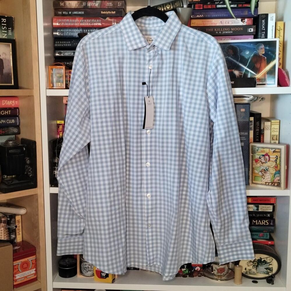 NWT MIZZEN+MAIN Leeward white/blue gingham button-up shirt.